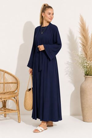 Kadın lacivert kuşak detaylı ikili takım uzun kimono elbise tesettür set ALA068