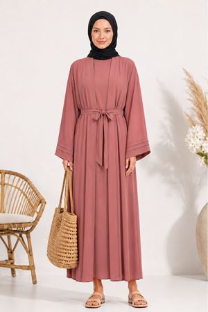 Kadın pembe kuşak detaylı ikili takım uzun kimono elbise tesettür set ALA068