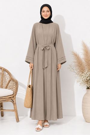 Kadın bej kuşak detaylı ikili takım uzun kimono elbise tesettür set ALA068