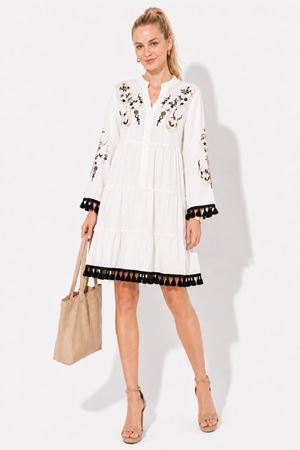 Kadın beyaz nakış işlemeli püsküllü hakim yaka katlı kısa elbise ALA048