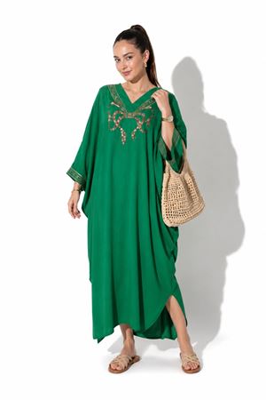 Kadın etnik işlemeli V yaka yarasa kol salaş uzun kaftan elbise ALA055