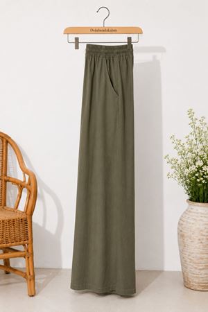 Kadın haki Beli Lastikli Bol Paça Palazzo Pantolon Rahat Kesim Günlük Yazlık Pantolon PNT002
