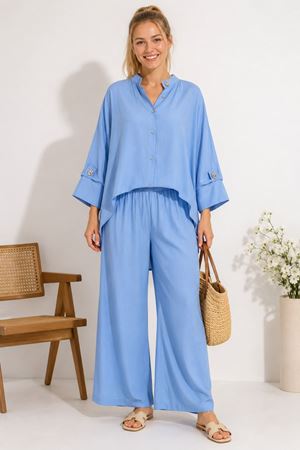 Kadın hakim yaka oversize asimetrik gömlek lastik belli bol paça pantolon ikili takım ALA059