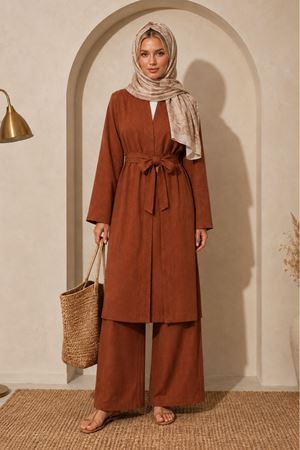 Kadın kuşaklı uzun kimono pantolon geniş paça rahat kesim ikili takım EFL008