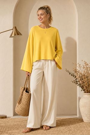 Kadın sarı oversize düşük omuz bisiklet yaka basic bluz TG006