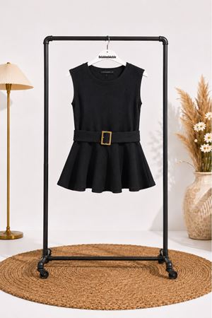 Kadın siyah kemerli peplum kesim kolsuz şık bluz CLT011