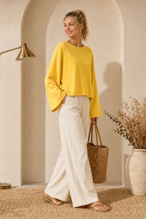 Kadın sarı oversize düşük omuz bisiklet yaka basic bluz TG006