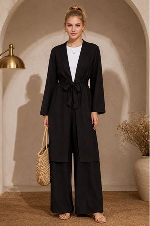 Kadın kuşaklı uzun kimono pantolon geniş paça rahat kesim ikili takım EFL008