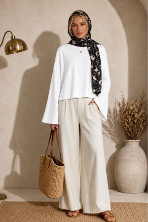 Kadın beyaz oversize düşük omuz bisiklet yaka basic bluz TG006