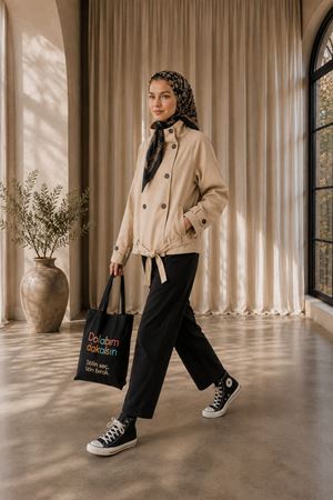 Kadın dik yaka kurdale bağlamalı premium kısa trençkot DKHF002 ( STD - 36-42 )