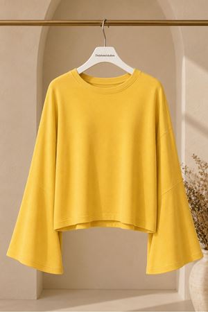 Kadın sarı oversize düşük omuz bisiklet yaka basic bluz TG006