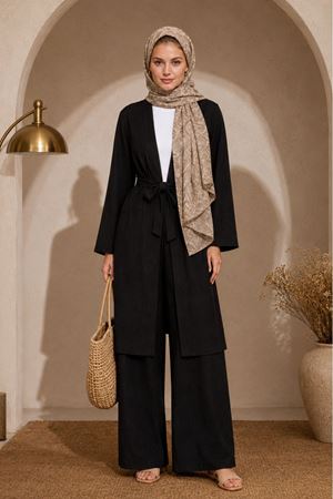 Kadın kuşaklı uzun kimono pantolon geniş paça rahat kesim ikili takım EFL008