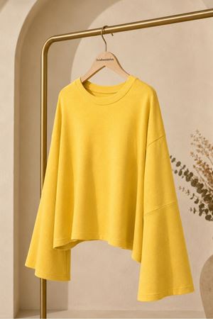 Kadın sarı oversize düşük omuz bisiklet yaka basic bluz TG006
