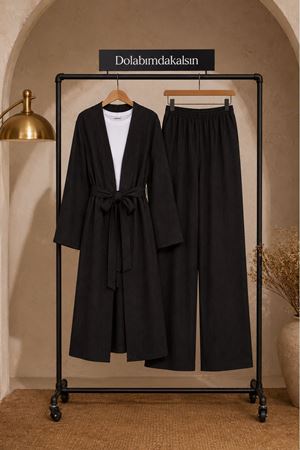 Kadın kuşaklı uzun kimono pantolon geniş paça rahat kesim ikili takım EFL008