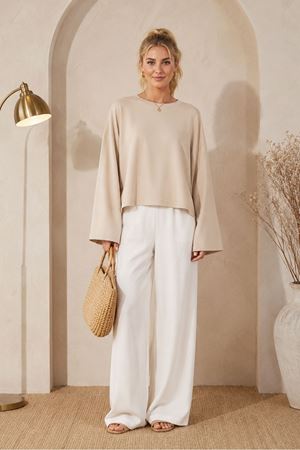 Kadın bej oversize düşük omuz bisiklet yaka basic bluz TG006
