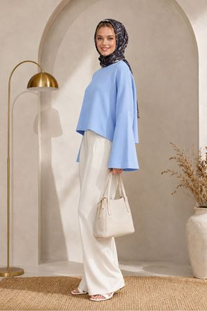 Kadın bebe mavi oversize düşük omuz bisiklet yaka basic bluz TG006