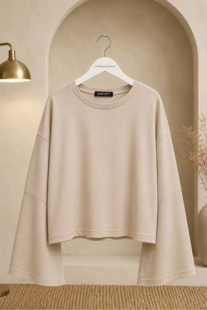 Kadın bej oversize düşük omuz bisiklet yaka basic bluz TG006