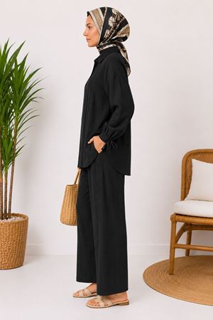 Kadın kol detaylı gömlek geniş paça pantolon ikili takım TG010
