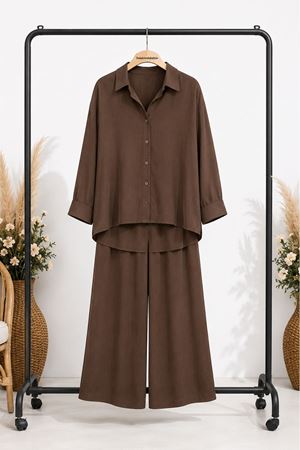 Kadın oversize gömlek ve bol paça pantolon ikili takım ALA071
