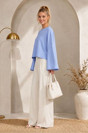 Kadın bebe mavi oversize düşük omuz bisiklet yaka basic bluz TG006