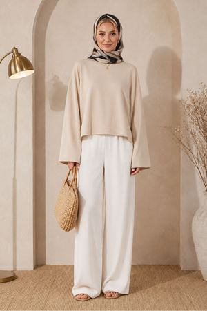 Kadın bej oversize düşük omuz bisiklet yaka basic bluz TG006