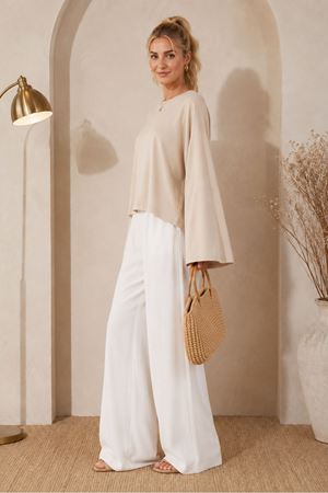 Kadın bej oversize düşük omuz bisiklet yaka basic bluz TG006