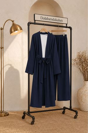 Kadın kuşaklı uzun kimono pantolon geniş paça rahat kesim ikili takım EFL008