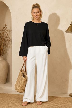 Kadın siyah oversize düşük omuz bisiklet yaka basic bluz TG006