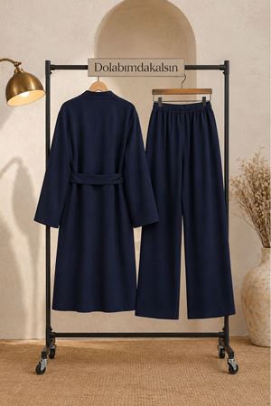 Kadın kuşaklı uzun kimono pantolon geniş paça rahat kesim ikili takım EFL008