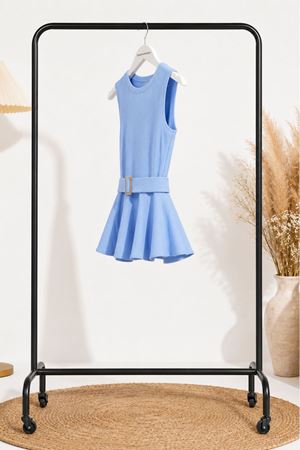 Kadın mavi kemerli peplum kesim kolsuz şık bluz CLT011