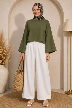 Kadın yeşil oversize düşük omuz bisiklet yaka basic bluz TG006