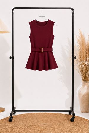 Kadın bordo kemerli peplum kesim kolsuz şık bluz CLT011