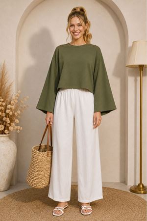 Kadın yeşil oversize düşük omuz bisiklet yaka basic bluz TG006