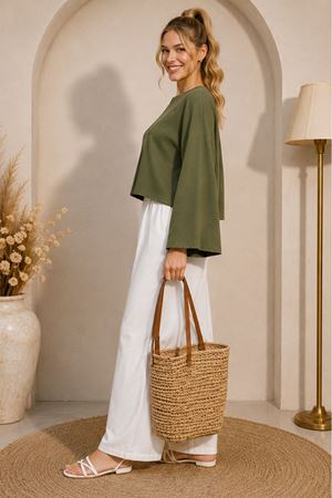 Kadın yeşil oversize düşük omuz bisiklet yaka basic bluz TG006