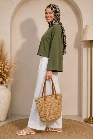 Kadın yeşil oversize düşük omuz bisiklet yaka basic bluz TG006