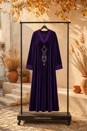 Kadın V yaka nakış detaylı oversize otantik kadife elbise ALA101 ( STD - 36-46 )
