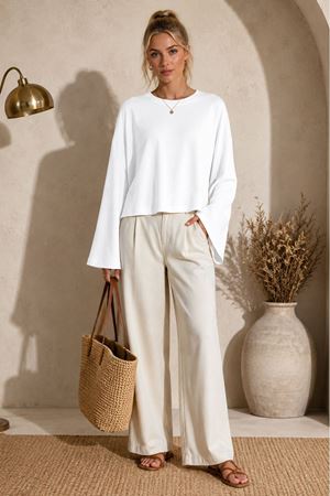 Kadın beyaz oversize düşük omuz bisiklet yaka basic bluz TG006