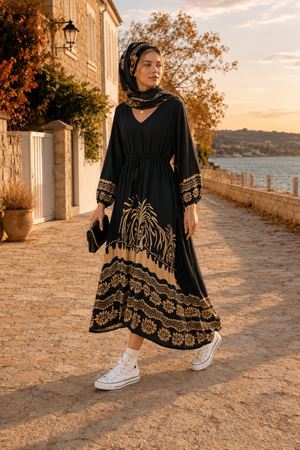Kadın V yaka desen detaylı bel büzgülü uzun elbise ALA104 ( STD - 38-48 )