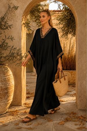 Kadın siyah viskon yarasa kol oversize V yaka işlemeli kaftan elbise ALA099 ( STD - 36-46 )