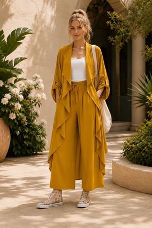 Kadın volanlı hırka geniş paça pantolon yeni sezon oversize takım ALA097 ( STD - 36-46 )