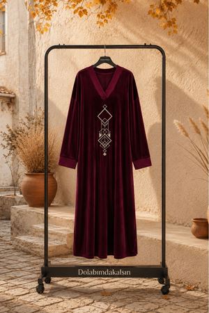 Kadın V yaka nakış detaylı oversize otantik kadife elbise ALA101 ( STD - 36-46 )