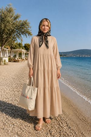 Kadın hakim yaka düğmeli katlı uzun elbise ALA107 ( STD - 38-48 )
