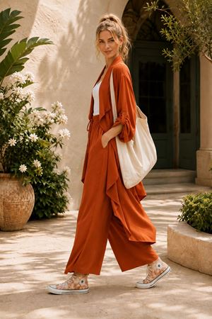 Kadın volanlı hırka geniş paça pantolon yeni sezon oversize takım ALA097 ( STD - 36-46 )