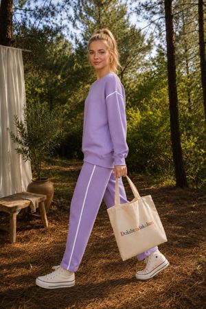 Kadın oversize şerit detaylı sweatshirt ve eşofman ikili spor takım TG012