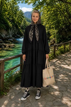 Kadın hakim yaka düğmeli katlı uzun elbise ALA107 ( STD - 38-48 )