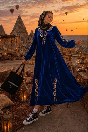 Kadın nakış detaylı kadife uzun kaftan elbise ALA111 ( STD-36-46 )