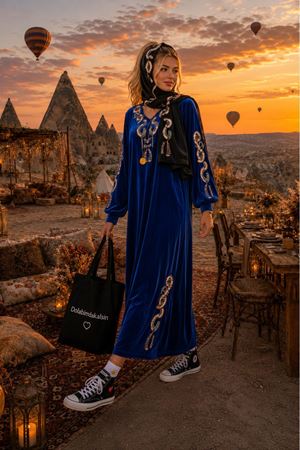 Kadın nakış detaylı kadife uzun kaftan elbise ALA111 ( STD-36-46 )