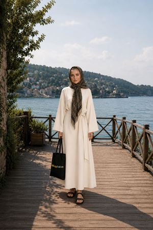 Kadın bisiklet yaka geniş kol bel bağlamalı tam boy premium elbise DKHF006