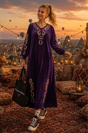 Kadın nakış detaylı kadife uzun kaftan elbise ALA111 ( STD-36-46 )