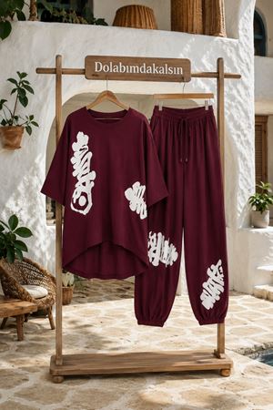 Kadın baskı detaylı oversize tişört şalvar pantolon ikili bohem takım ALA110 ( STD-36-48 )